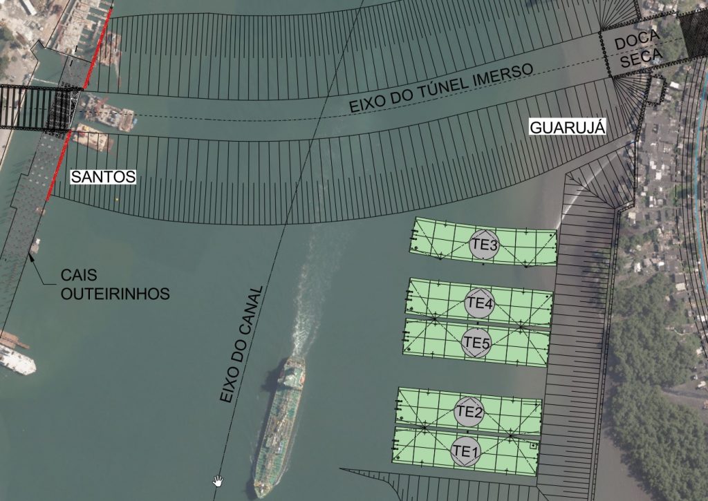 Esquema construtivo do Túnel Santos-Guarujá mostrra sua configuração espacial e a disposição dos elementos construtivos